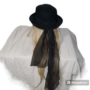 Arlin 100% Wool Vintage Black Hat Band Long Scarf Ties Back Retro Grandmacore